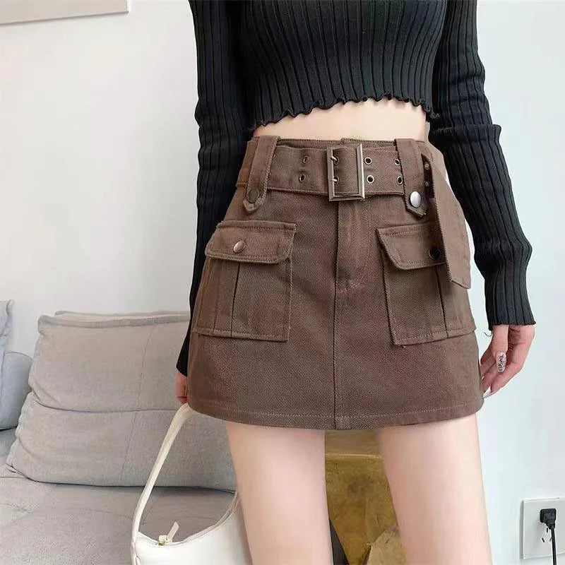 Y2K Streetwear Cargo Mini Skirt Women's High Waist Belt Denim Shorts