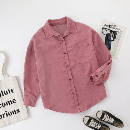 Spring Autumn Women Corduroy Shirt 2024 New Female Pocket Lapel Pure Color Blouses Women Long Sleeve Tops Casual Loose Overshirt