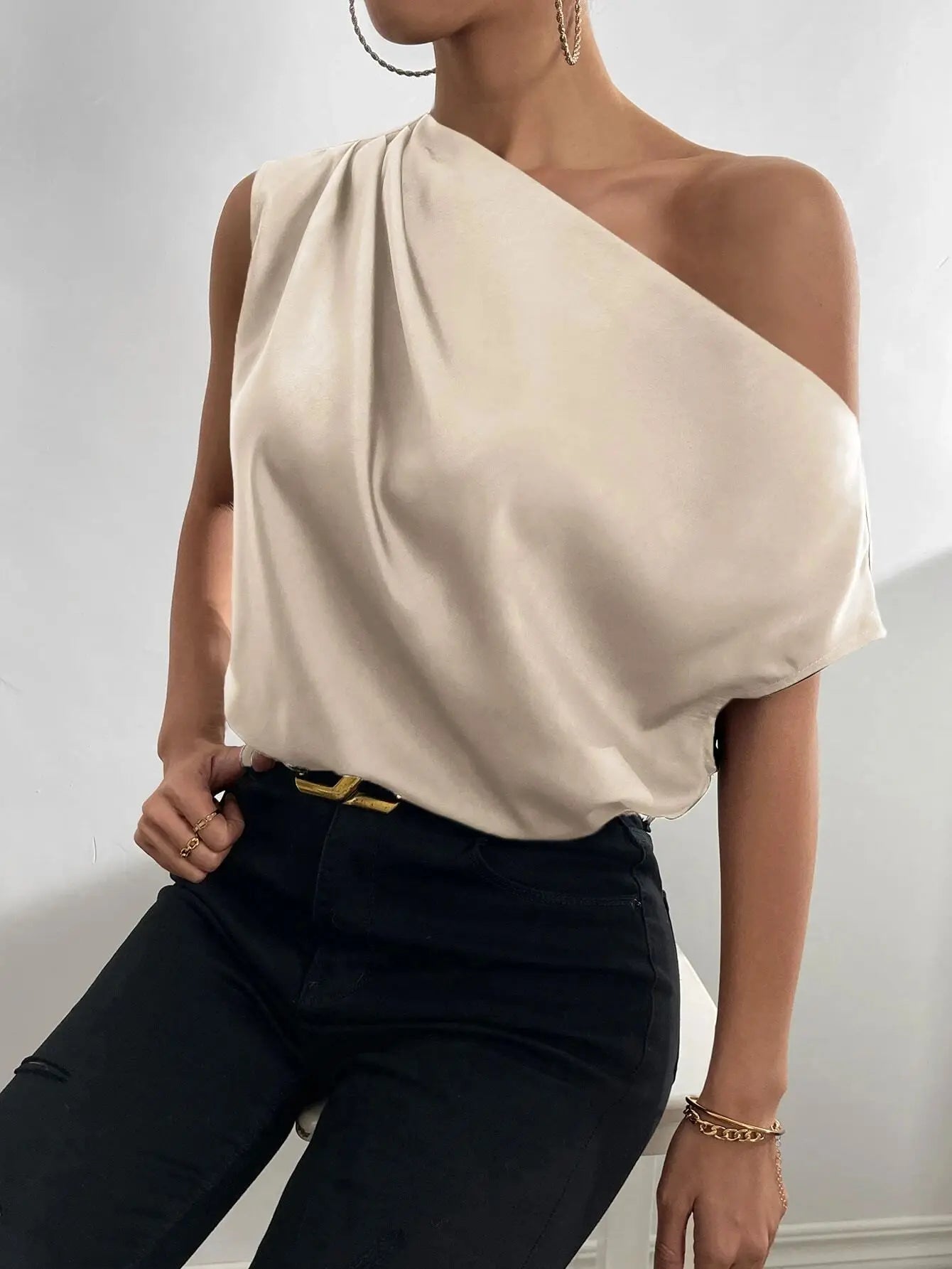 Women's Sexy Blouse Summer Fashion Versatile Slant Neck Fold Single Shoulder Asymmetric Tank Top Женские Рубашки Tee Shirt Femme