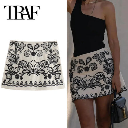 Traf Embroidery Mini Skirt Women's High Waist Vintage