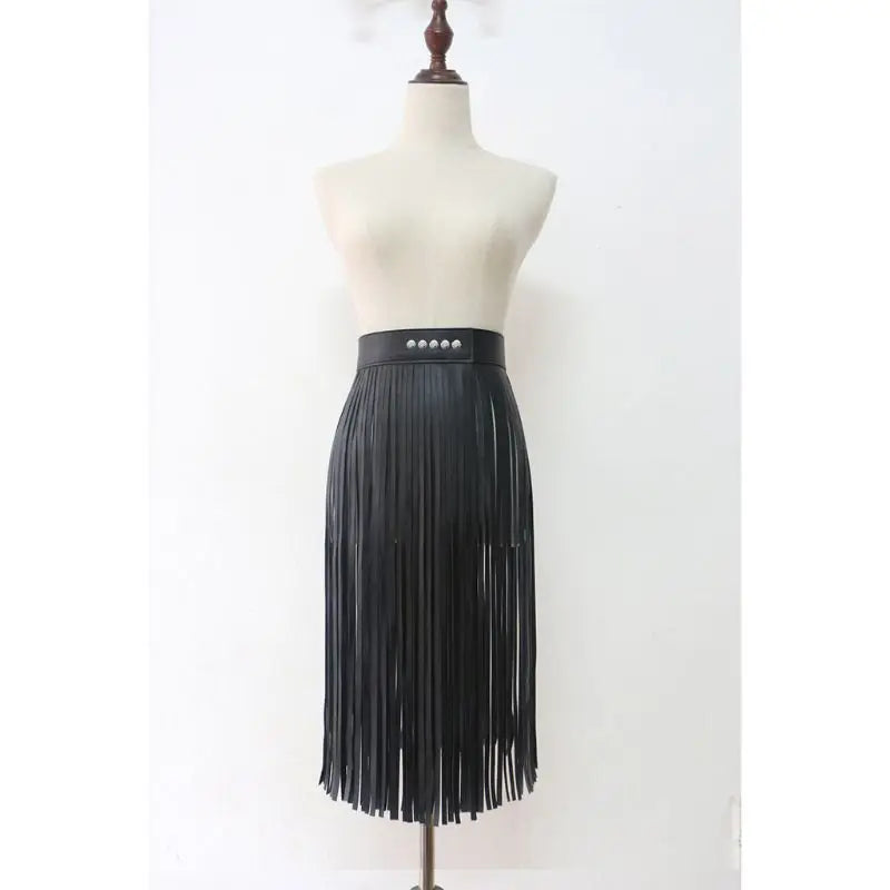 Women's High Waist Faux Leather Fringe Tassels Skirt With Buttons