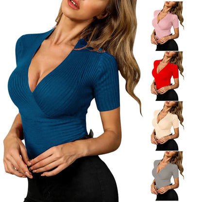 Women Elegant Slim Casual Blouse T-shirt Summer Fashion Sexy V Neck Knitting Long Sleeve Daily Holiday Female Clothing Solid Top