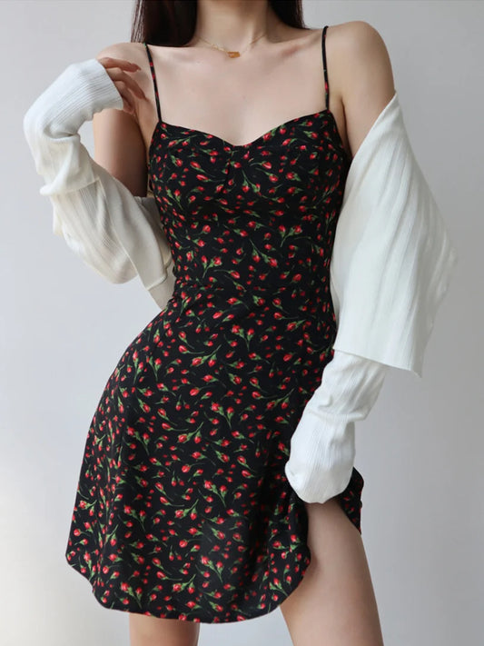 Summer Black Floral Dress - Bandage Suspender Beach Wear