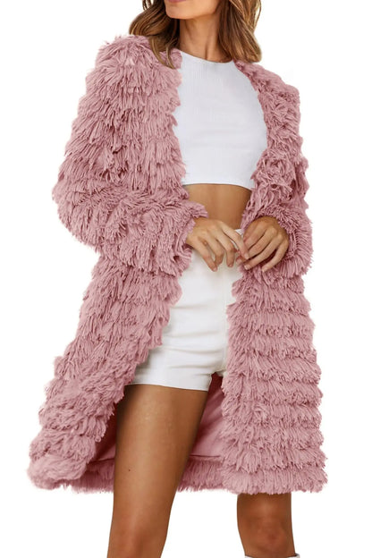 2023 Winter Long Sleeve Faux Fur Jackets - Open Front Long Cardigan Coat