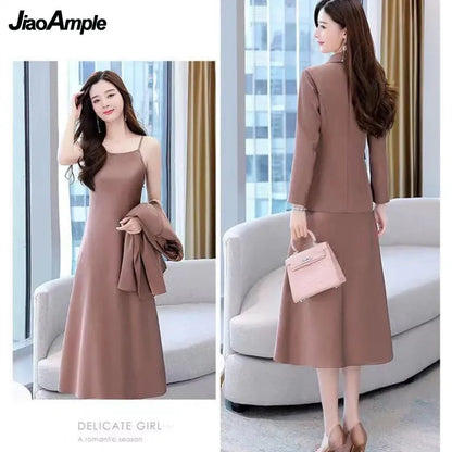 Autumn Winter Suit Jacket Dress Set - Korean Blazers, Suspender Midi Skirt