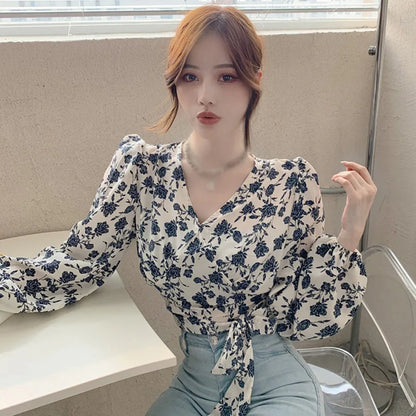 Spring Autumn Women's Floral Print Blouse V Neck Sexy Lace Exposed Navel Long Sleeves Chiffon Shirts Tops