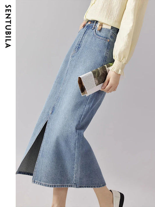 Sentubila Vintage High Waist Split Denim Skirt Fashion