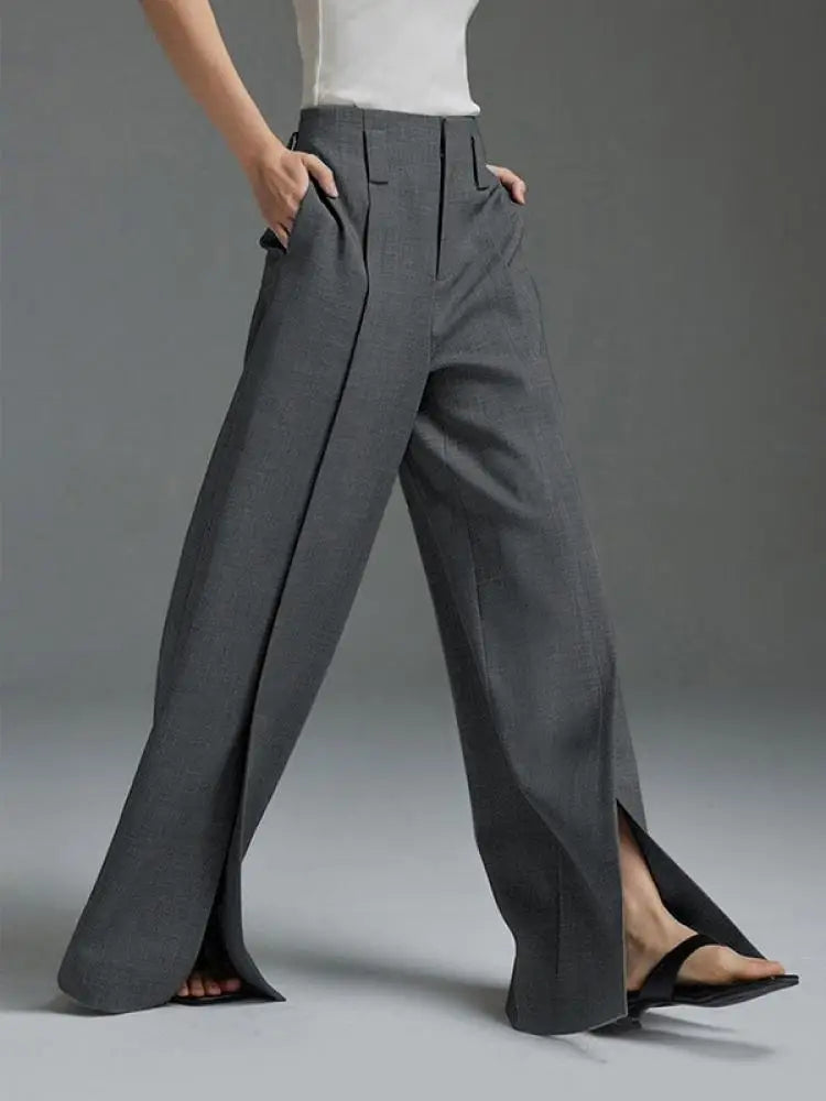 Formal Suit Pants High Waisted Wide Leg Split Trousers