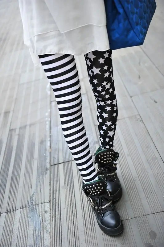 New Jeggings Elastic Stripe Star Print Fashion Cropped Trousers Women