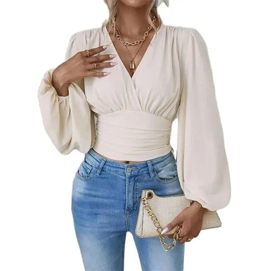 Spring Autumn Crossover Deep V Neck Pullover Shirt Women Skinny Waist Loose Long Sleeve Blouse Female Daily Commuter Casual Tops