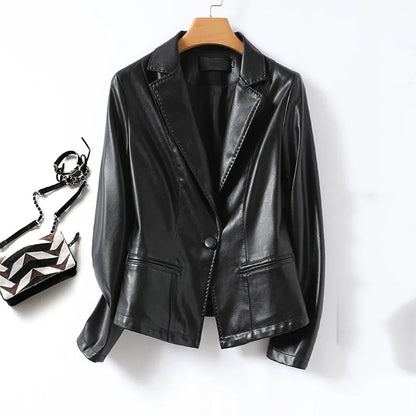 Women's Office Blazer - Genuine Leather Suit Jacket, Slim Sheepskin Coat