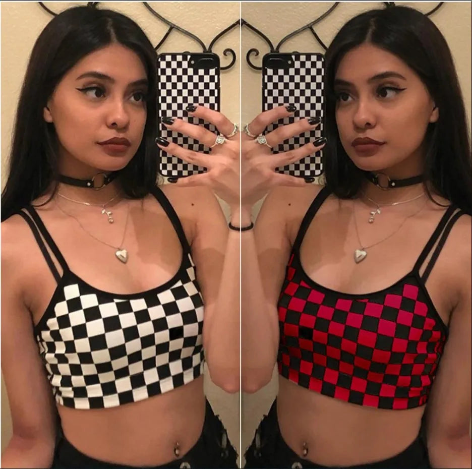 Black Red Plaid Checkerboard Tank Top Halter Women Bare Midriff Crop Tops Camis Fashion Tube Top Female Sleeveless Cropped Vest