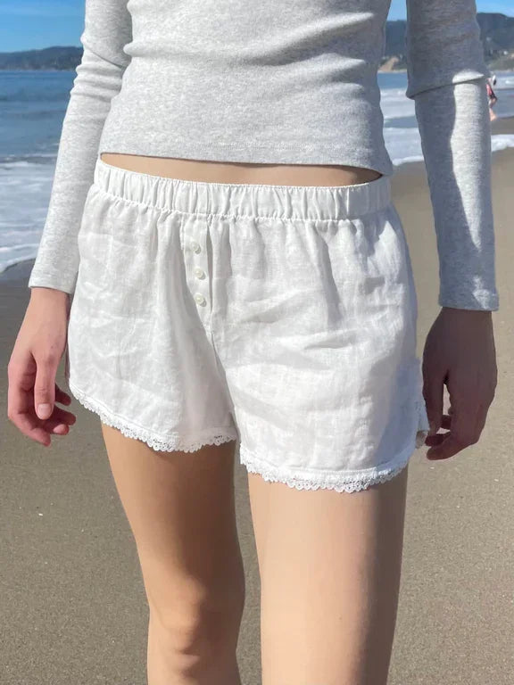 White Lace Trim Sweet Shorts Summer Bow Buttons Lastic