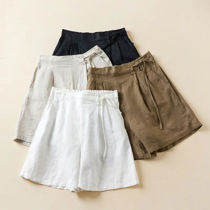 Linen Summer Shorts Solid Elastic High Waist Bandage Biker