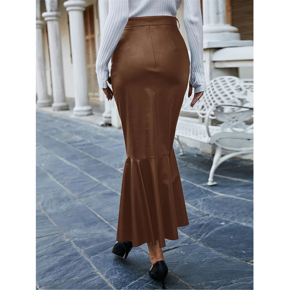 Muslim Fashion Women's Long Pu Leather Skirt High Waist