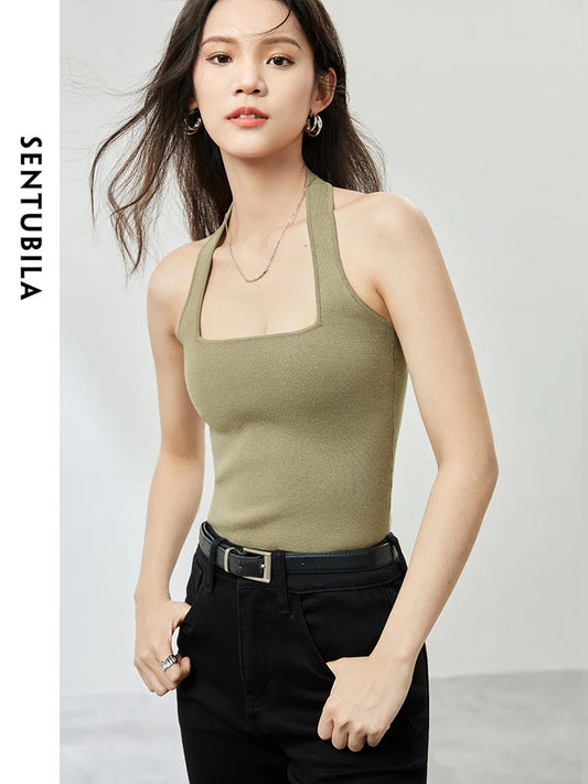 SENTUBILA Halter Neck Backless Solid Camisole Woman 2024 Summer Comfort High Strecth Slim Sexy Sleeveless Tank Tops W41I53844