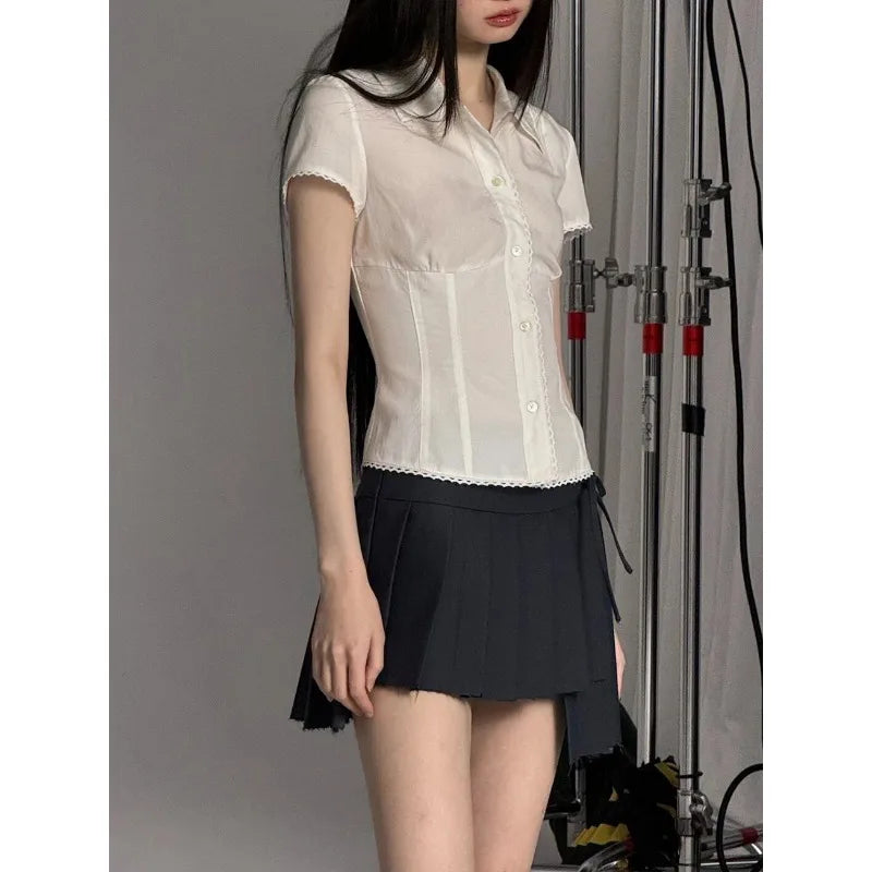 Deeptown Basic White Short Sleeve Shirt Women Button Sweet JK Blouses Aestheti Preppy Korean Fashion Summer Coquette Harajuku