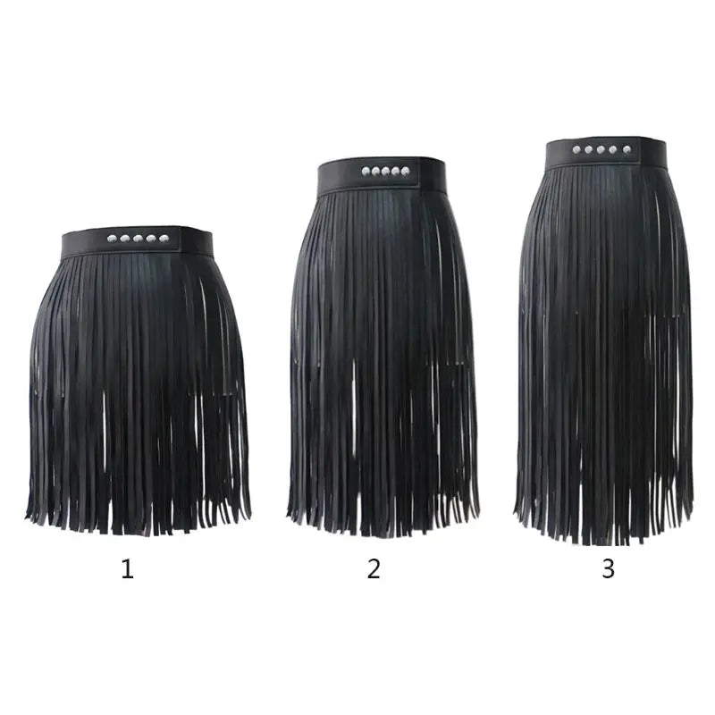 Women's High Waist Faux Leather Fringe Tassels Skirt With Buttons