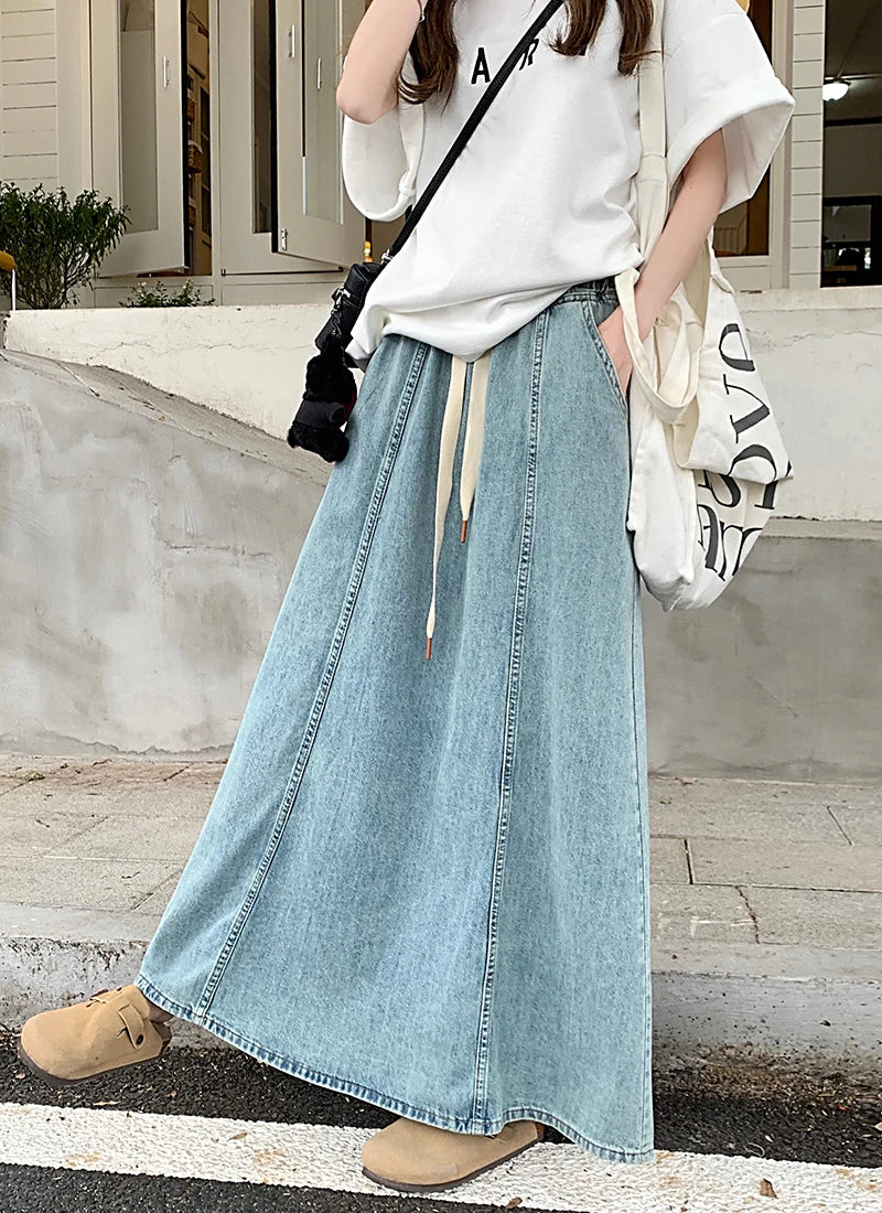 2 Colors Long Denim Skirt Korean Style High Elastic