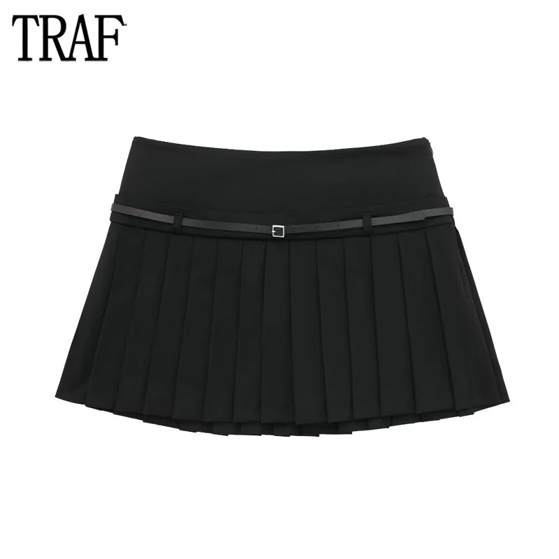 Traf Box Pleated Mini Skirts Women's Black Mid