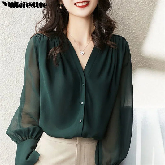 Spring Summer Elegant blouse women Korean Chiffon Shirt Women Long Sleeve Ruffled Women's shirts and blouses Office Lady Tops