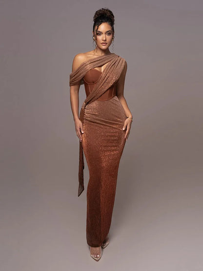 Sexy One Shoulder Draped Glitter Long Dress Women Corset Backless Bodycon Maxi Dress