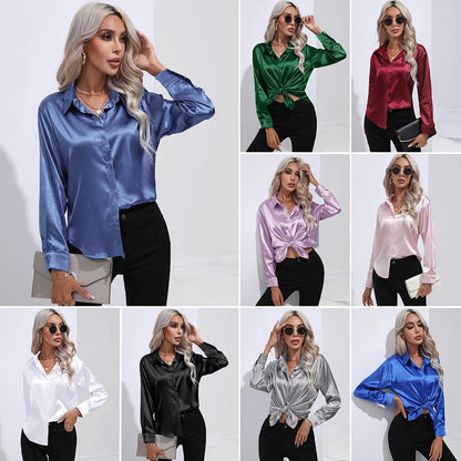 Elegant Women's Satin Imitation Silk Long Sleeve Shirt Autumn/Winter Solid Office Lady Lapel Button Blouse Women Clothing S-XXL