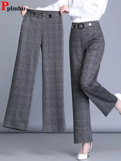 Plaid Office Straight Pants Women's Big Size Korean Casual Baggy