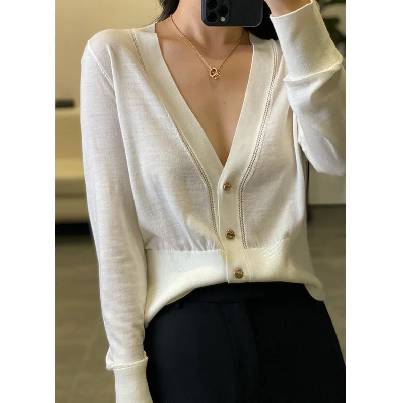 Temperament elegant knitted cashmere cardigan women's sweater thin spring and autumn V-neck loose thin short wool coat