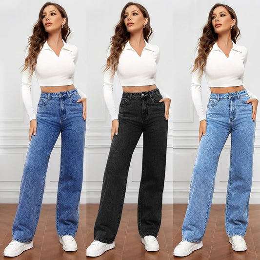 Women's Jeans Straight Pants Denim Washing High Waist