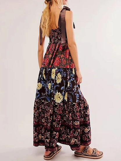 Sleeveless Loungewear Printing Maxi Dress Women's Lace-Up Patchwork Party Dress