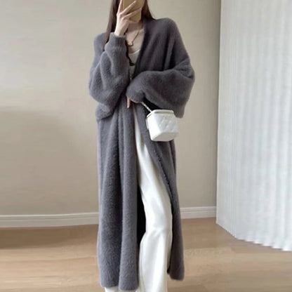 Korean Casual Imitation Mink Fur Cardigan Women Y2K Solid Long Sweaters Elegant Vintage Knitted Coat Winter Soft Loose Jackets