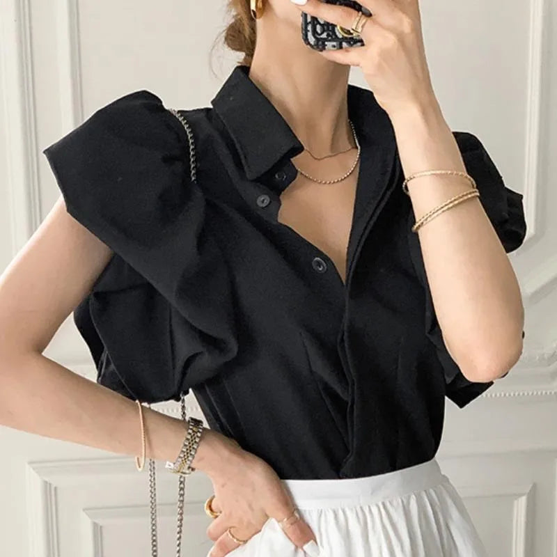 2023 Shirts Women Summer Slim New Fashion Flying-sleeve Chic Designed Vintage Aesthetic Pure Lapel Office Lady Trendy Clothing