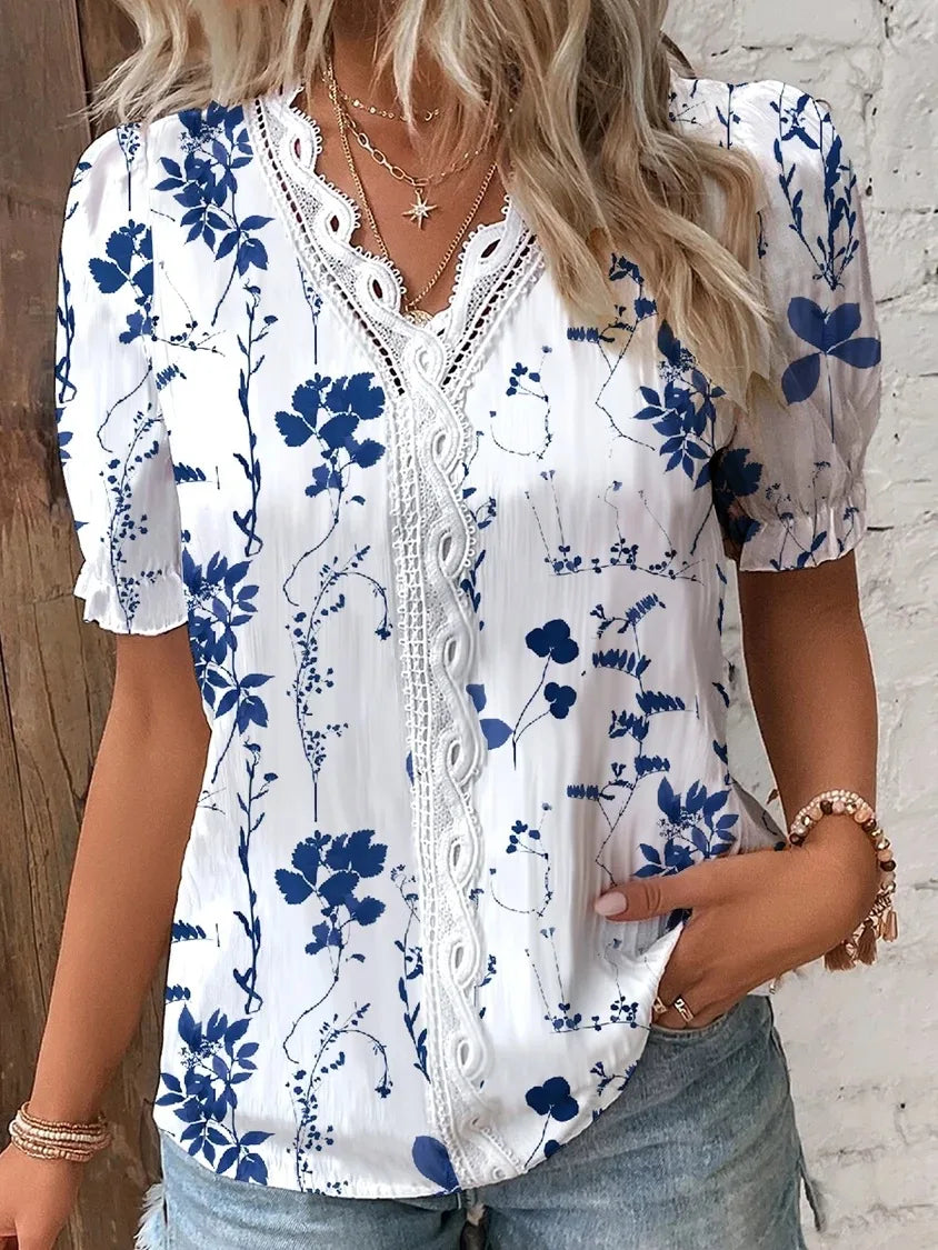 Elegant Blouse Printed Short Sleeve Shirts 2023 Summer Office LadyV Neck Lace Panel Shirt S-XXL