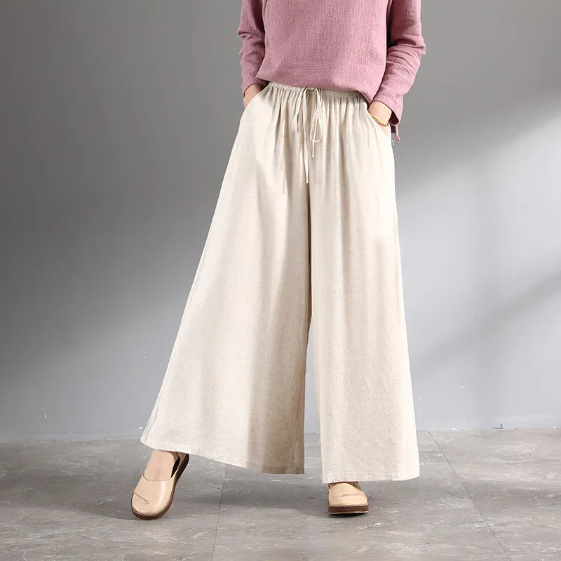 Women's Summer Vintage Cotton Linen Pants Long Palazzo Loose Pants