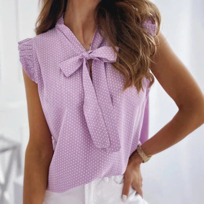 Summer Women Elegant Ruffles Sleeveless Polka Pot Lace Up Tie Bow Blouses and Shirts Casual Oversize Tops Sexy Pullover Tunic