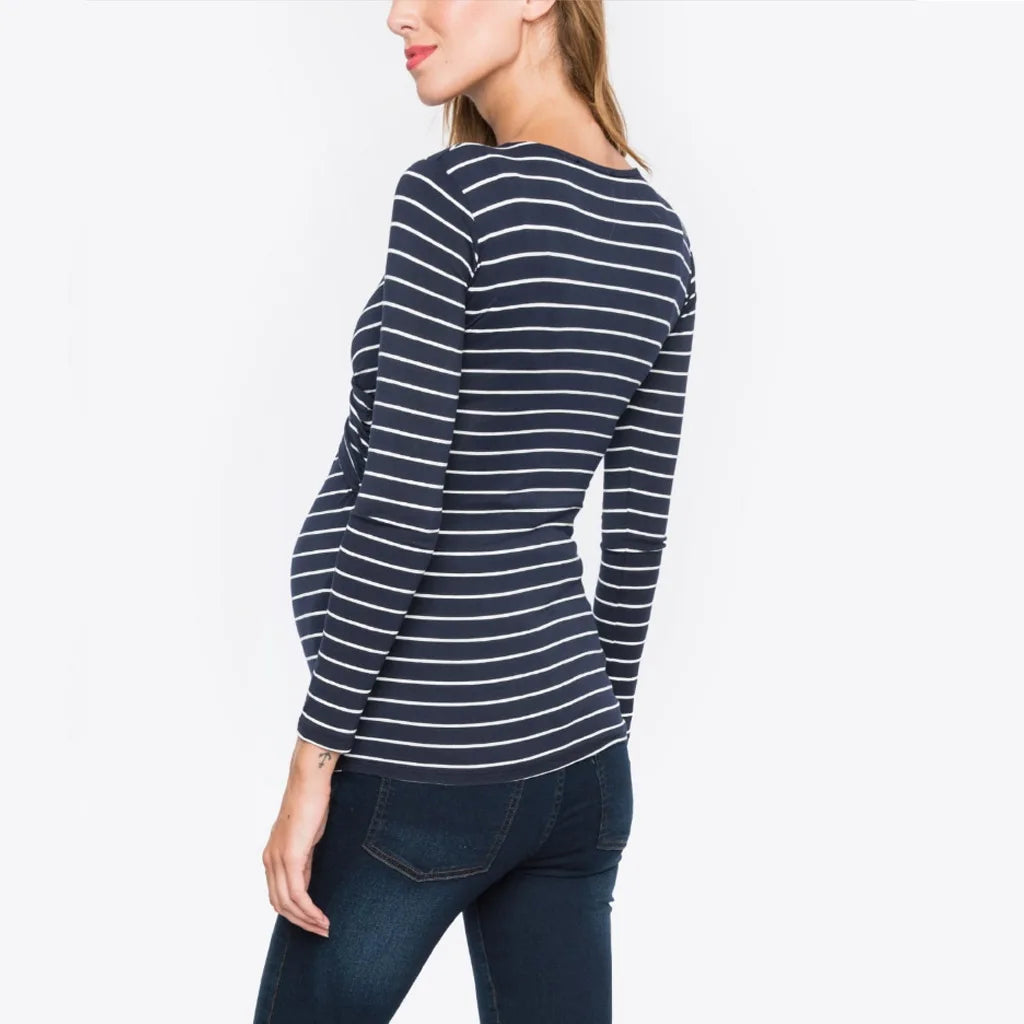 New Pregnant Women T-shirt Maternity Blouse Casual Long Sleeve Striped Nursing Top