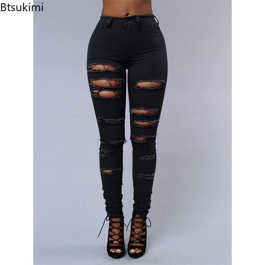 Women's Stretch Skinny Ripped Hole Washed Denim Jeans Pants