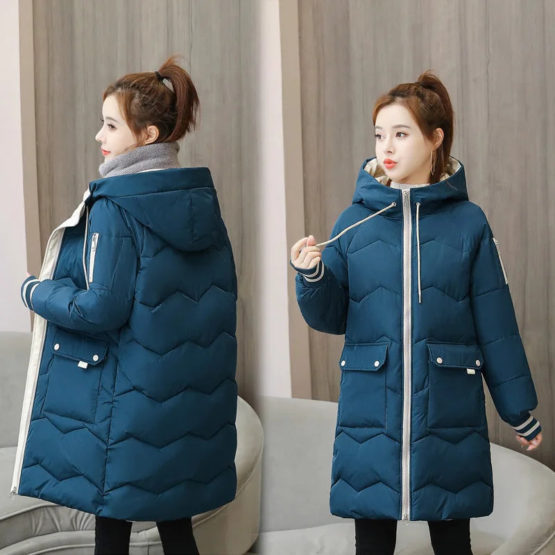 Winter Coat Mid-length Parkas - Cotton Padded Hooded, Warm Casual Overcoat