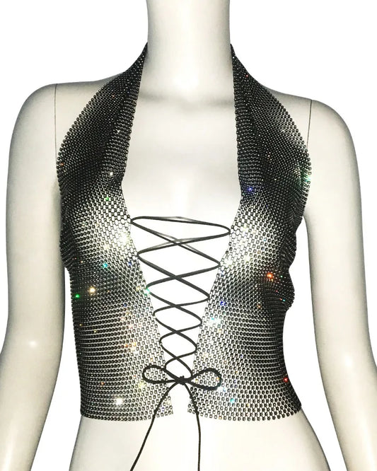 AKYZO-Hottie-Sexy Bandage Crop Top for Women Rhinestones Waistcoat Nightclub Halter Deep V Tank Top Y2K Fashion