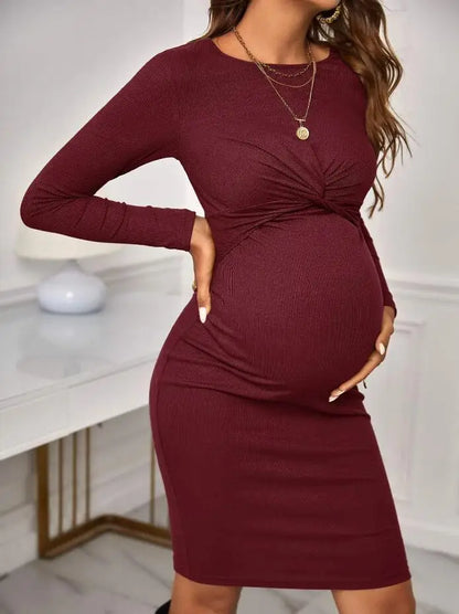 Solid Maternity Long Sleeve Dresses 2023 Pregnant Women Criss Cross Knitted Midi Dress