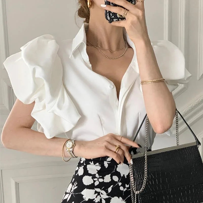 2023 Shirts Women Summer Slim New Fashion Flying-sleeve Chic Designed Vintage Aesthetic Pure Lapel Office Lady Trendy Clothing