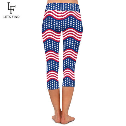 High Waist American Flag Print Capri Fitness Stretch Leggings