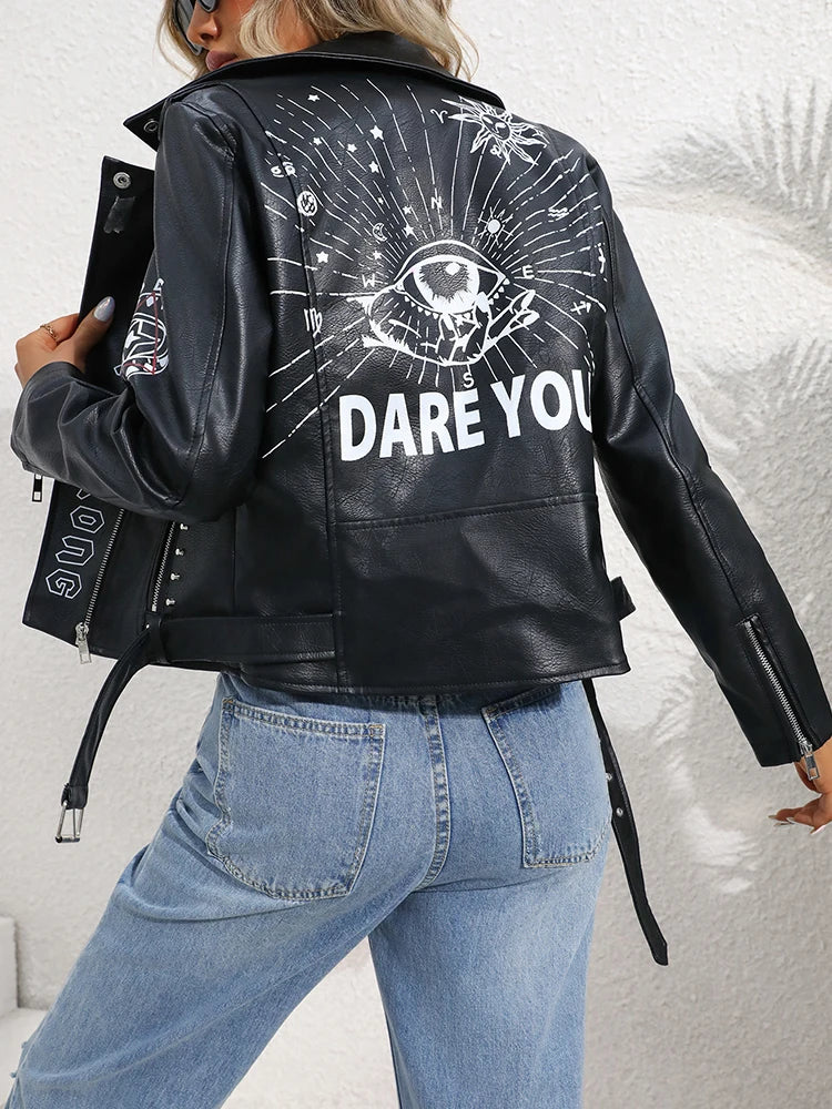 Women’s Retro Short Graffiti Jacket - Slim PU Leather