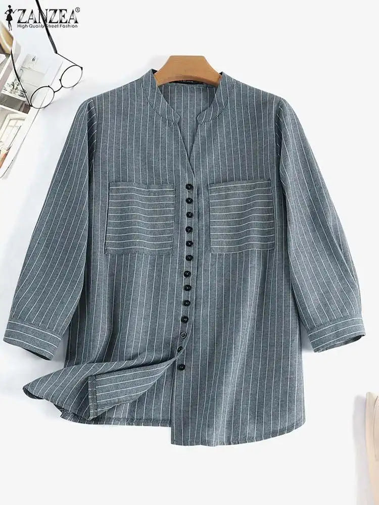 ZANZEA Fashion Stripe Printed Shirt Summer  3/4 Sleeve V-Neck Blouse Female Casual Blusas Mujer Woman Elegant Loose Korean Tops