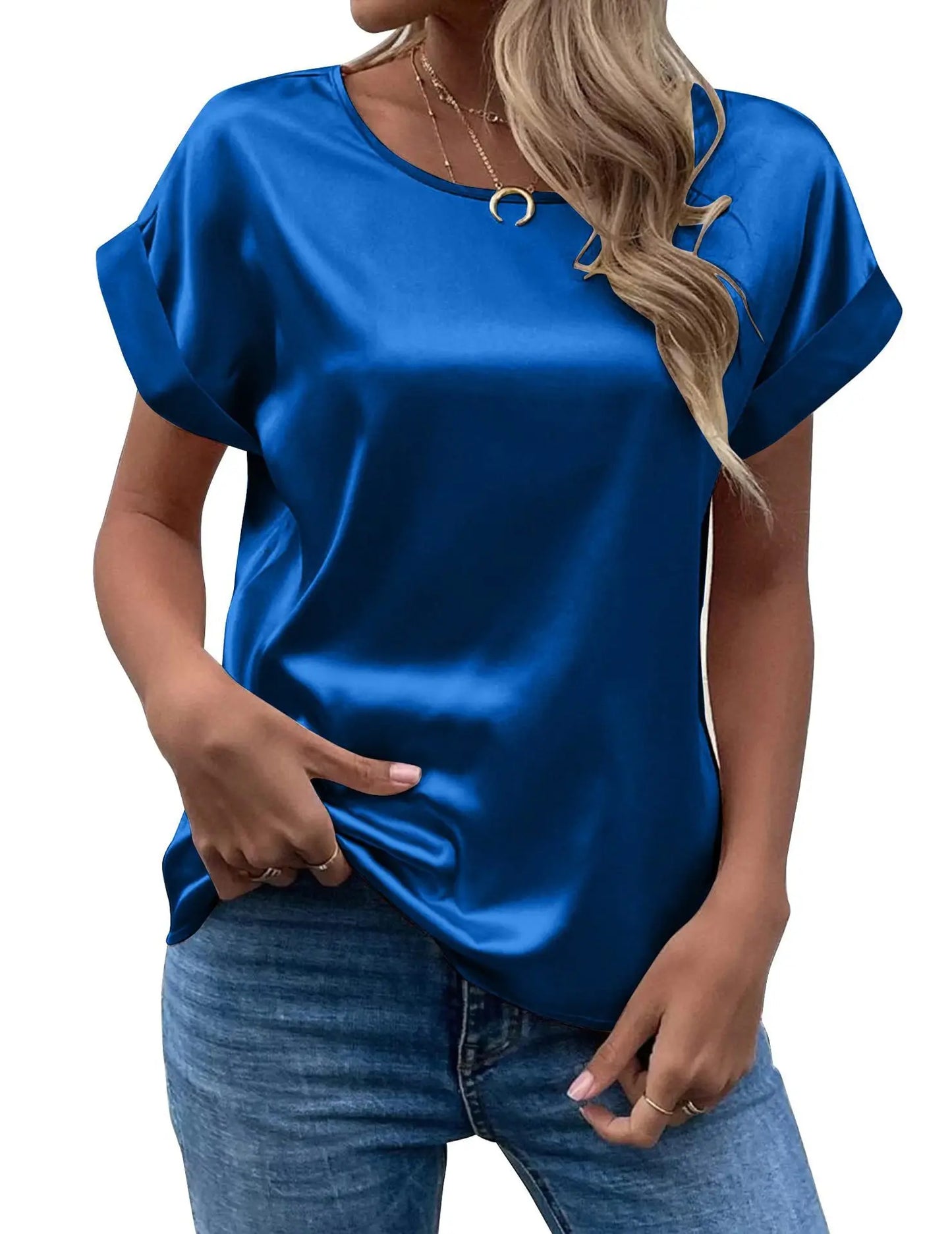 Elegant Women's Blouse Solid Tees 2023 Summer Lady Short Sleeve Satin Shirt Loose Casual Round Neck T-shirt Tops S-XXL