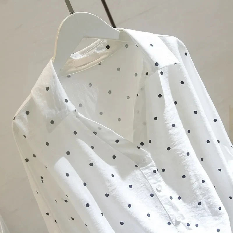 White Button Up Shirt Women Short Sleeve Top Summer 2024 Novelties Clothes Korean Fashion V-Neck Polka Dot Elegant Blouse Cotton