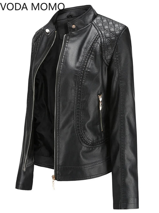 Stand-up Collar Solid Jacket - PU Faux Leather, Three-dimensional Pattern Coat