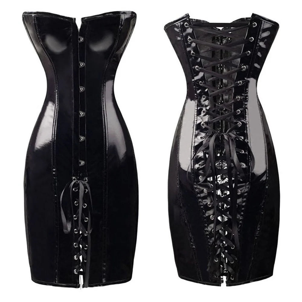 Black PVC Leather Corset Dress - Sexy Gothic Waist Trainer Mini