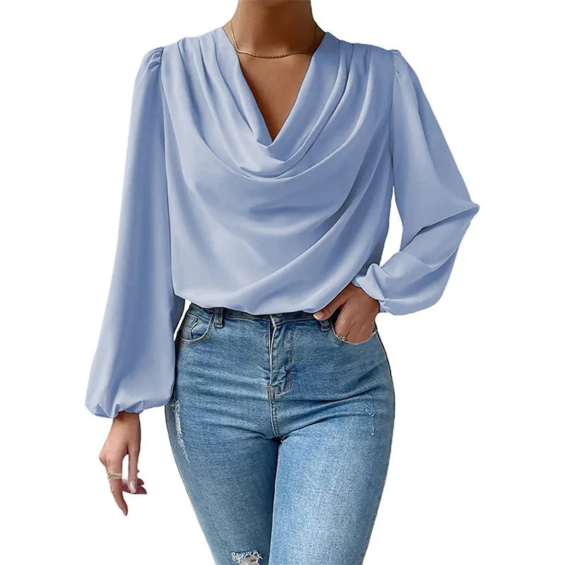 Elegant Women's Shirts Fashion Blouse 2023 Spring/Summer Chiffon  Loose Draped V-Neck Top Office Lady Solid Shirt S-XXXL